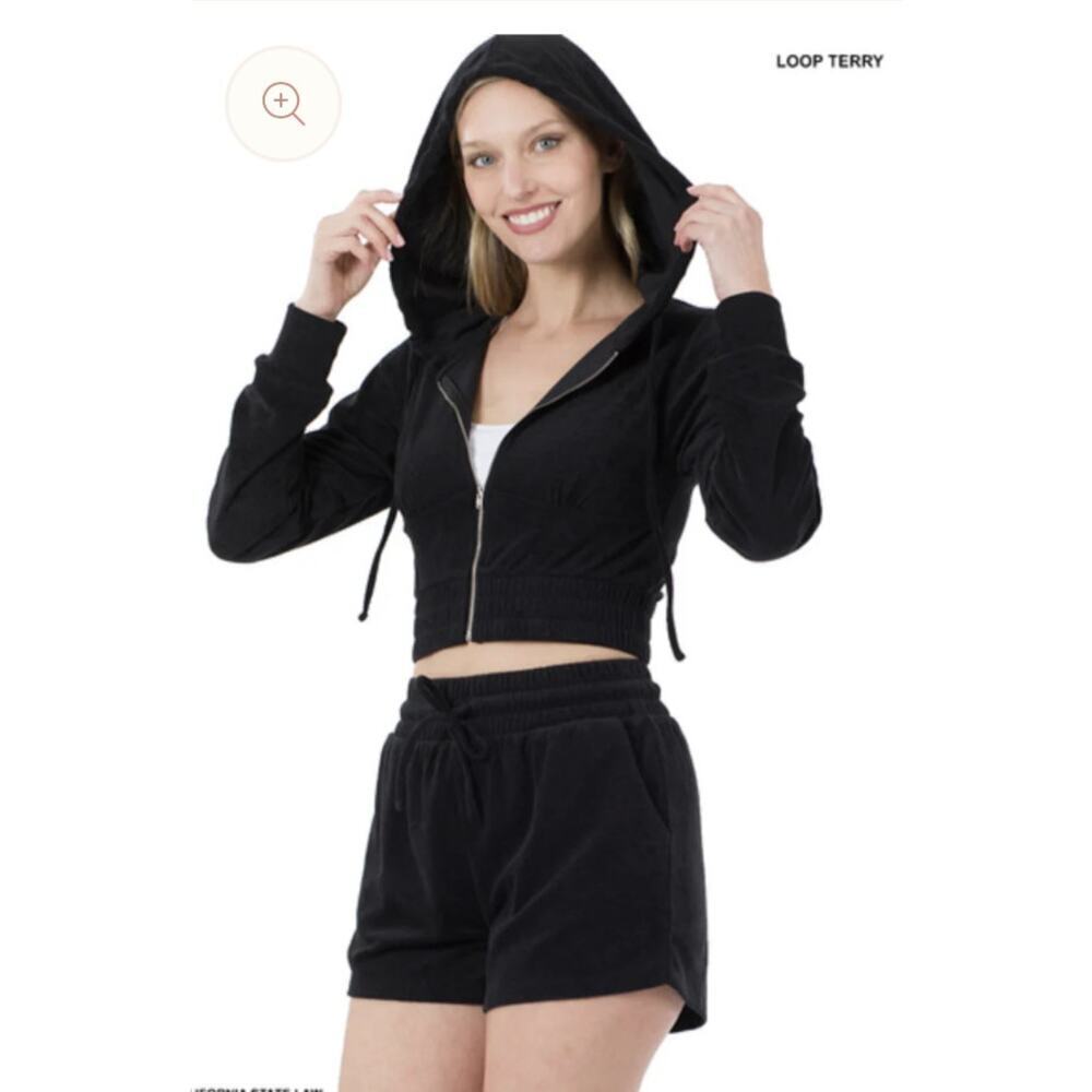 Zenana Black Cropped Zip Hoodie Soft Stretch Velvet Long Sleeve Minimal Luxe
NEW